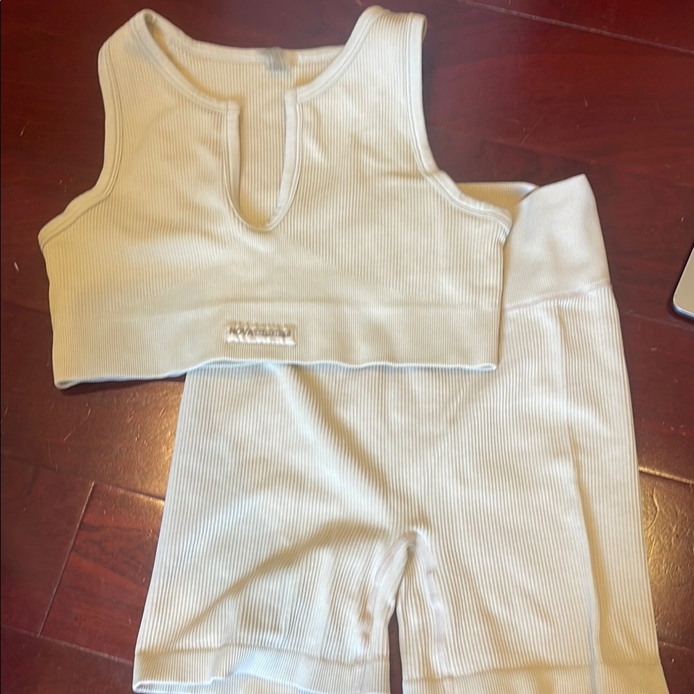 Fashion Nova Cream Ribbed Crop Short Set